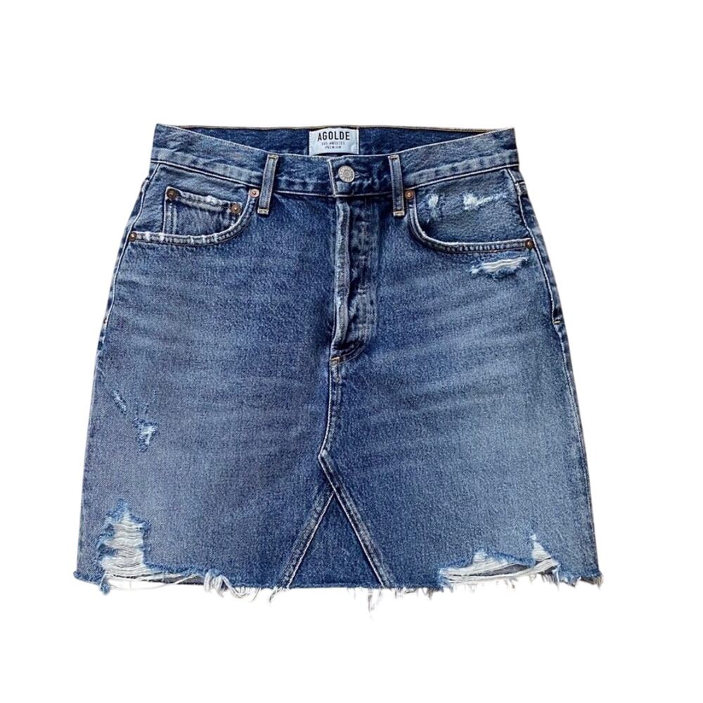 Agolde Ada High Rise Button Fly Distressed Jean Denim Mini Skirt Blue Size 26